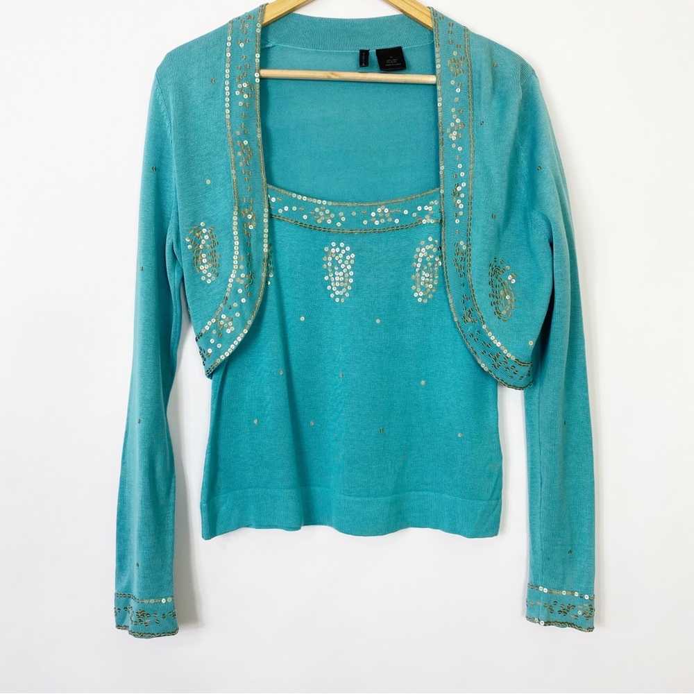 Etoile Turquoise Beaded Embellished CardiganTop Set Fancy Cute 100% Silk M